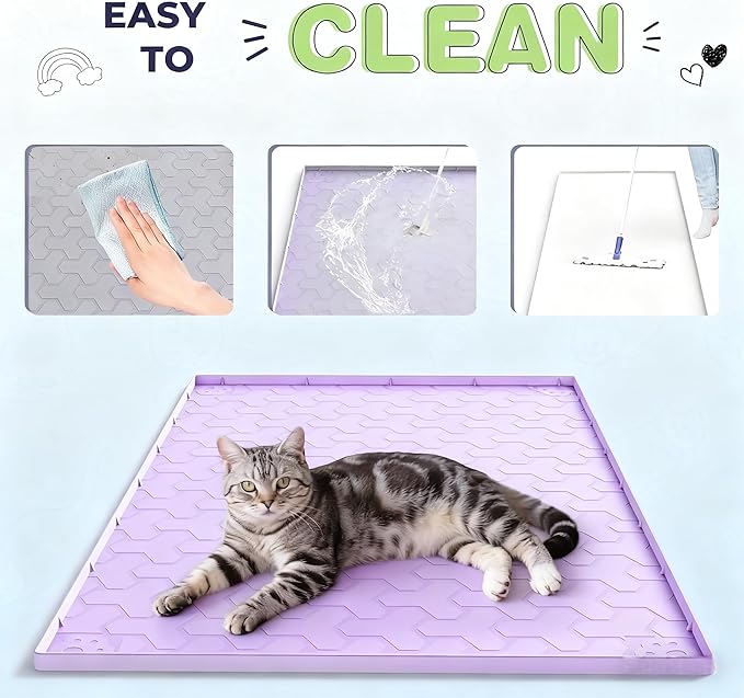 Silicone Cat Litter Mat for Litter Box - 34" X 22"/24" X 15" Waterproof Urine - Proof Mat, Non - Slip Trapping Pad to Keep Floor Clean, Easy to Clean Cat Floor Mat（light purple）