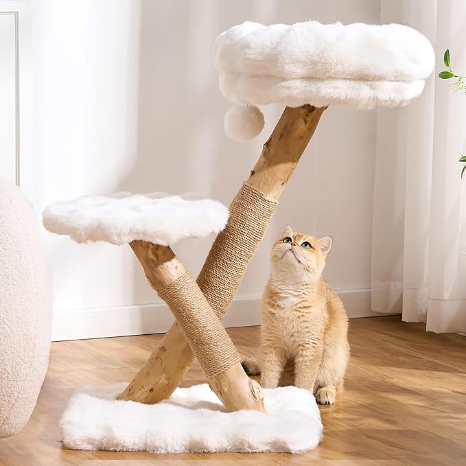 Natural Wood Cat Tree for Indoor Cats Adults, 33in Modern Cat Tree Tower with Super Soft Plush Cat Bed & Perch, Sisal Scratching Posts and Hanging Plush Ball, Ivory White