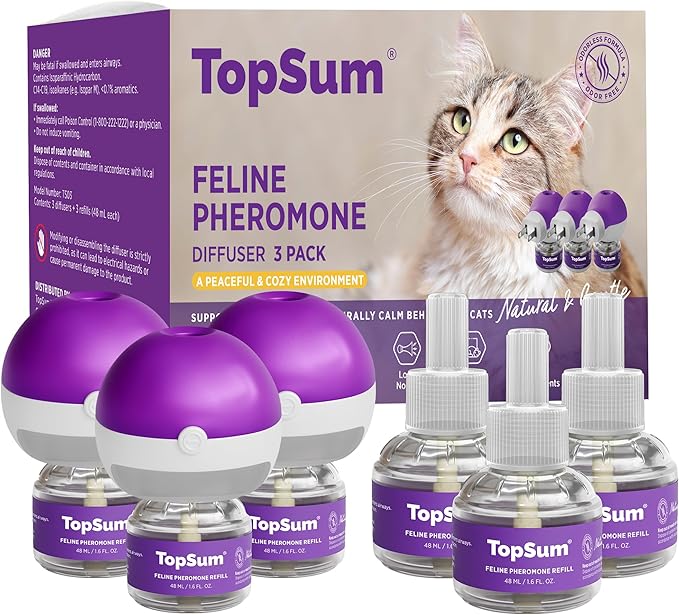 TopSum Cat Pheromones Calming Diffuser: Premium Pheromone Diffuser for Cats - Cat Pheromones Diffuser - Cat Calming Diffuser - Cat Calming Pheromone Diffuser (3 diffusers+ 3 Refills)