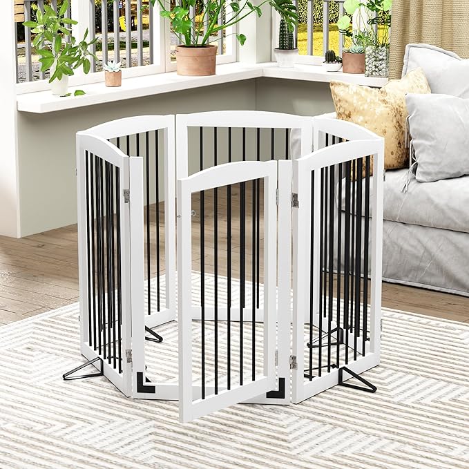 Freestanding Pet Gate with Door, Tall Dog Gate for House, Extra Wide, Pet Puppy Safety Fence, Support Feet Included, 120 Inch Wide, 6 Panels 32" Tall, White & Black