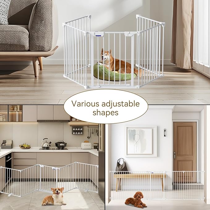 Dog Gate 27.5"-129" Extra-Wide Playpen, Freestanding Pet Gate, Puppy Fence with Auto-Close Door, Double Locking System for Fireplace, Foldable (White, 5 Panels)
