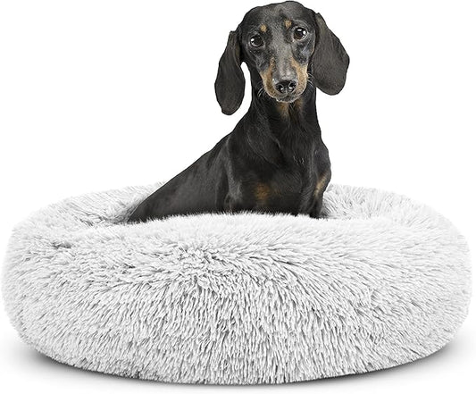 The Dog's Bed Sound Sleep Donut Dog Bed, Small Ice White Fur Calming Nest Bed, Veterinary Approved