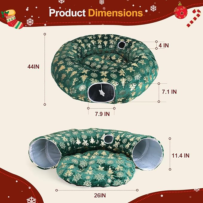 Cat Tunnel Bed for Indoor Cats, XL Christmas Tree Skirts Washable Warm Soft Indoor Cat Donut Tunnel, Multifunctional Cat Interactive Playground Toys for Felines Pet Christmas Tree Decoration