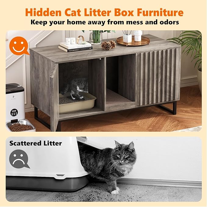 Double Litter Box Enclosure,Modern Cat Litter Box Enclosure for 2 Cats, Hidden Litter Box with Scratch Pad, Cat Washroom Pet House End Table, Entryway Bench for Livingroom (Gray)