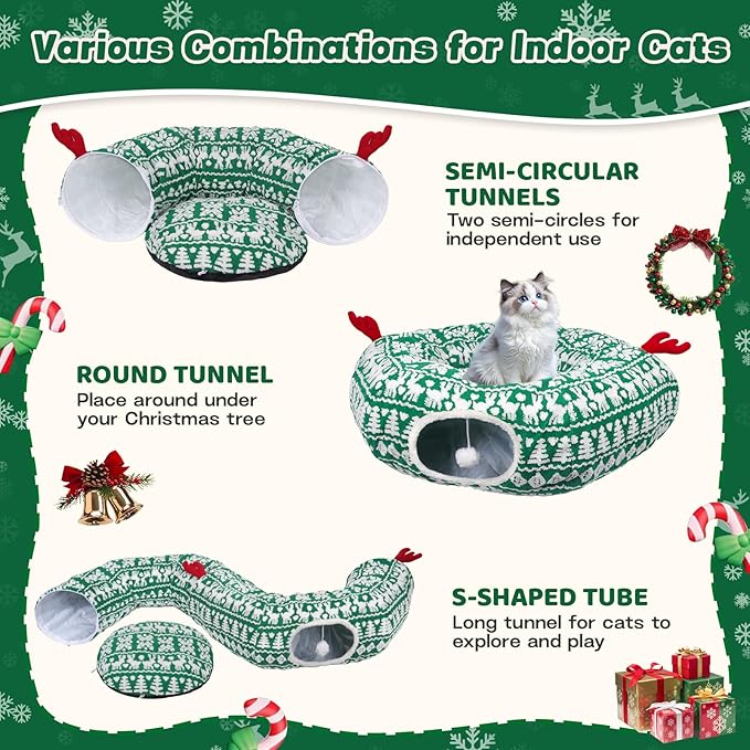 Christmas Tree Cat Tunnel, Cute Cat Tunnel Christmas Tree Skirt with Washable Mat, Hanging Ball, Soft Plush Pet Donut Tube Bed Play Gifts, Xmas Decor for Indoor Kitten, Rabbit, Puppy