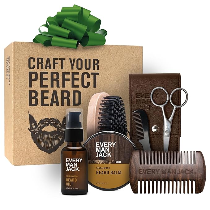 Every Man Jack Beard Grooming Kit for Men - Includes Sandalwood Beard Oil & Beard Balm, Beard Brush, Wooden Dual-sided Comb, Trimming Scissors and Mustache Comb