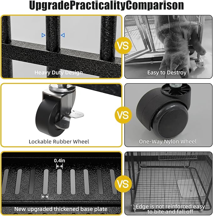 Escape-Proof Heavy Duty 48" Dog Crate, Indestructible Steel Kennel for Large & High-Anxiety Dogs with 300Lbs Capacity, Double Door Design with 4 Locking Wheels and Reinforced Baseplate.
