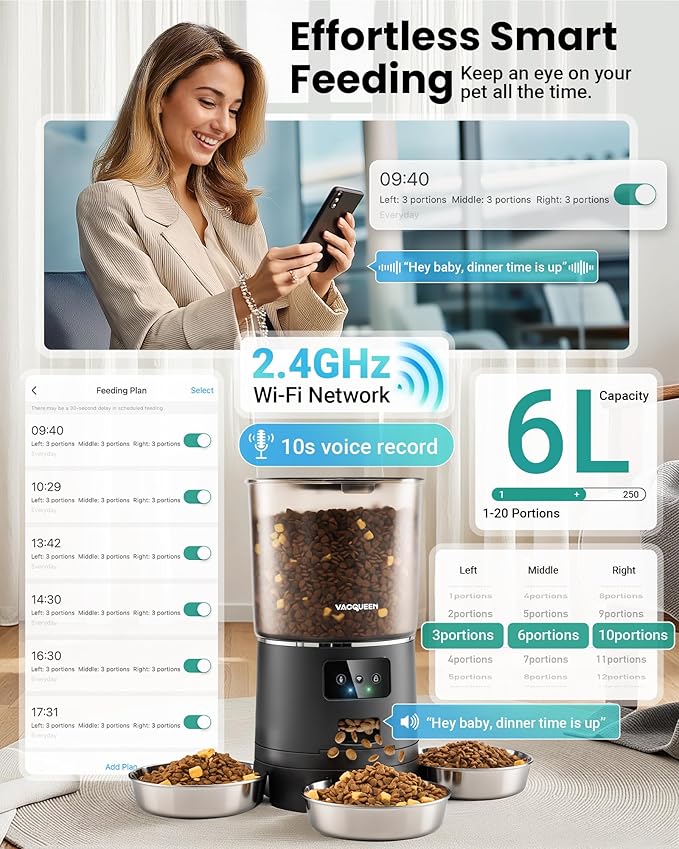 Automatic Cat Feeder for 3 Cats, 6L/25 Cups Smart WiFi Pet Feeder, Strong Anti-Jam System, Dual-Effect Desiccant Cat Food Dispenser, with 10S Voice Recorder for Cats and Small Dog(Black)