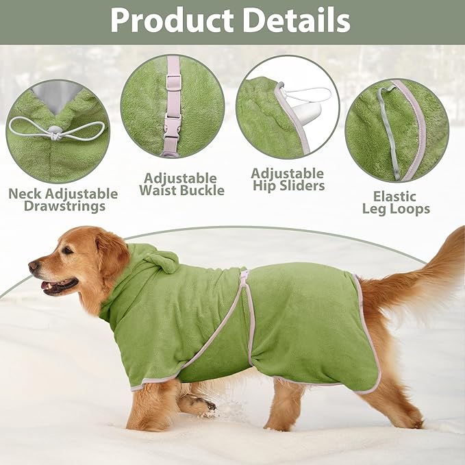 Dog Bathrobe Super Absorbent Towel Robe - Microfiber Bath Towels Fast Drying Coat for Dogs, Cute Dogs Clothes Adjustable Collar & Belly Strap Warm Keeping Hooded Dog Towel (Olive Green, Large)