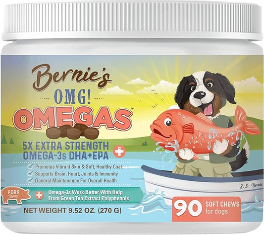 Bernie's OMG! Omegas Chews for Dogs - 5X Extra Strength DHA+EPA, Fish Oil, Healthy Skin & Coat, Allergy Relief, Joint Supplement (Pork Flavor)