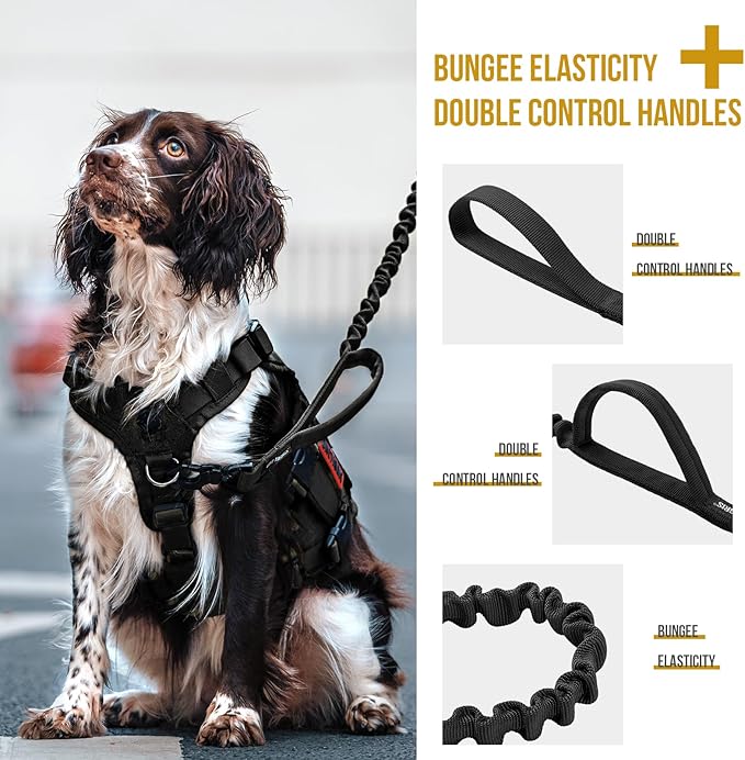 Tactical Dog Training Bungee Leash with 2 Control Handle Quick Release Nylon Leads Rope (Black)