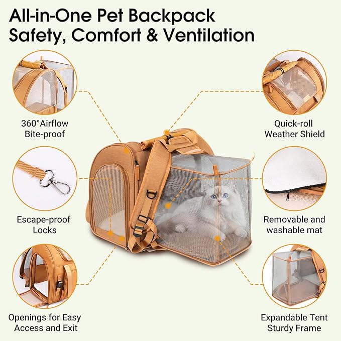 Cat Carrier Backpacks, Expandable Cat Backpack with Breathable Mesh, Pet Carrier Backpack for Cats Small Dogs Puppies,Foldable Carrier Backpack Great for Travel Hiking Camping Vet Visit Outdoor