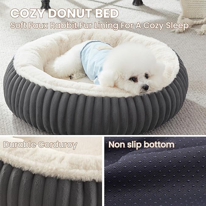 23 inches Donut Dog Bed for Small Dogs - Calming Round Puppy Bed with Removable Cover, Washable Milk Plush Faux Fur Pet Bed for Cats, Fits Pets up to 15 lbs(Dark Grey,Small)