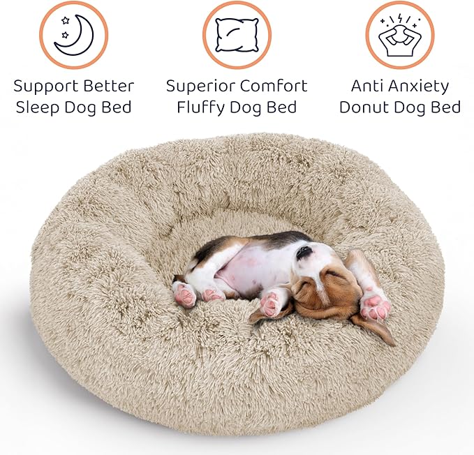 Donut Dog Bed - Premium Comfort for Anxiety Relief - Fluffy & Calming Design with Ultra-Plush Support | Cozy Round Dog Bed with Super Soft Circle Style (Size L Beige)