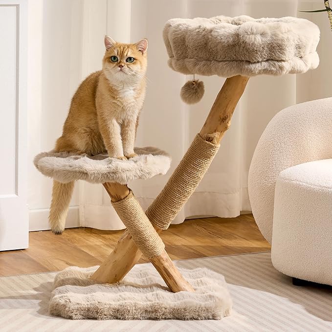 Solid Wood Cat Tree, Modern Cat Tree Tower for Large Indoor Cats, Natural Real Pear Wooden Aesthetic Cat Condo with Scratching Post for Adult Kittens-Khaki