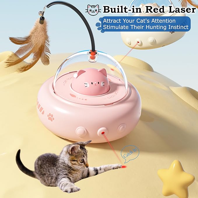 hooroor 2-in-1 UFO Laser Cat Toy with Feather, Automatic Motion Smart Sensor Interactive Toy for Indoor Cats & Small Dogs, Rechargeable 360° Obstacle-Avoidance Exercise Toy, Fun Self-Play Pet Gift