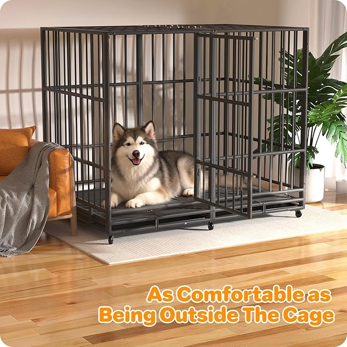 Heavy Duty Dog Crate 54 Inch, Indestructible Dog Crate with Removable Tray, Escape Proof & High Anxiety Dog Kennel Indoor, Metal Dog Cage with Wheels for Large Dogs, XL XXL XXXL