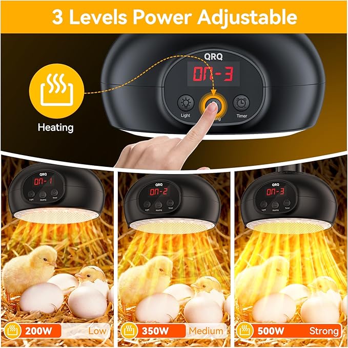 QRQ Chicken Coop Heater, 200W-350W-500W Reptile Heat Lamp with UVA UVB Dimmable Light 3-6-9-12H Timer, Chicken House Dog House Greenhouse Heater Outdoor,for Dog Cats Reptile Bird,Christmas Gifts