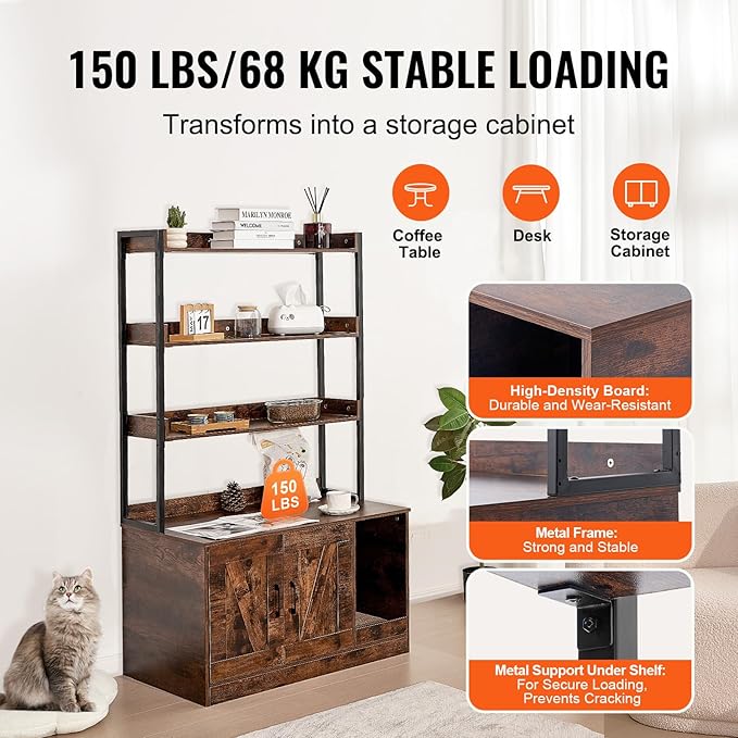 VEVOR Cat Litter Box Enclosure, Hidden Litter Box Furniture with 3 Storage Shelves, Wooden Cat Washroom Indoor, Large Cat House Cabinet Hidden Fit Most Litter Box, 33.5"L x 19.3"W x 58.7"H, Dark Brown