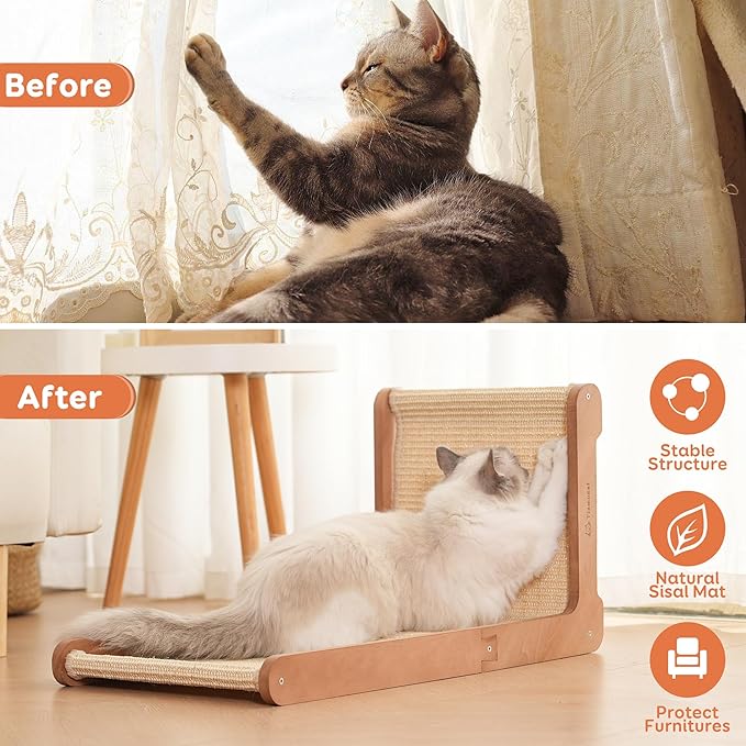 Cat Scratching Post - Beechwood Base, 26.8" Natural Sisal Woven Cat Scratch Pad, Cat Scratching Board,Durable Cat Scratcher for Indoor Cat, Furniture Protector for Cats' Clawing and Play