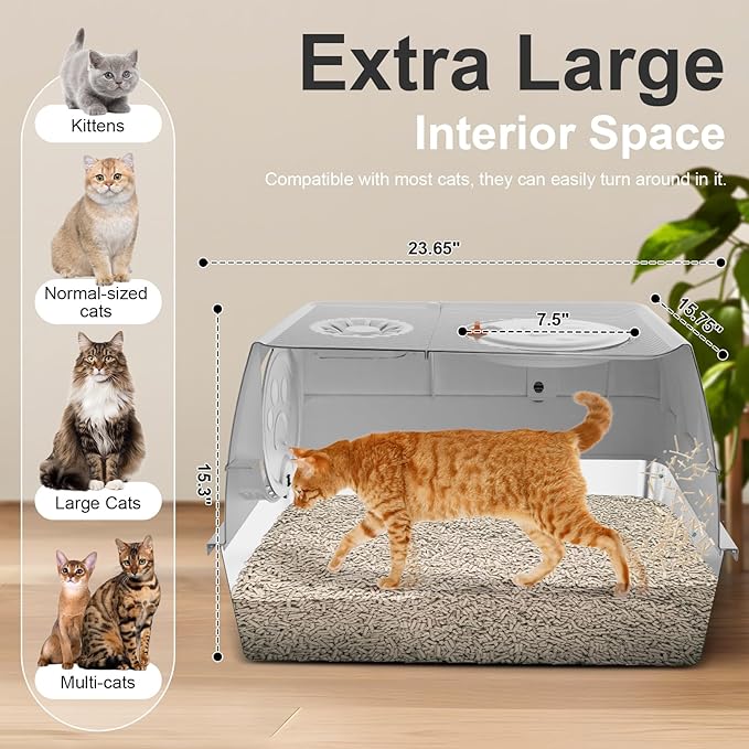 Stainless Steel Litter Box with Lid, XL Extra Large Litter Box, Enclosed Top Entry Metal Litterbox for Big Cats, Easy Cleaning, Less Leakage & High Sided with Mat, Aisle & Scoop, Light Grey