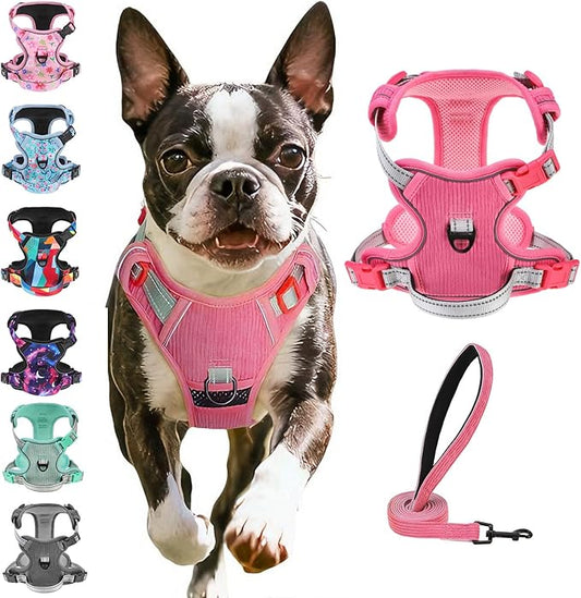 BEAUTYZOO No Pull Dog Harness Large, Adjustable Dog Harness and Leash Set -Easy Wearing with 3 Buckles/Control Handle,No Choke Soft Padded Reflective Pet Vest for Training Walking Hiking,Rose S