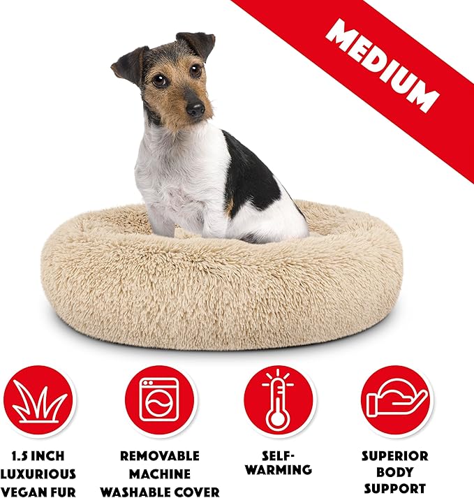 The Dog’s Bed Sound Sleep Donut Dog Bed, Medium Dog Beige Fur Calming Nest Bed, Veterinary Approved