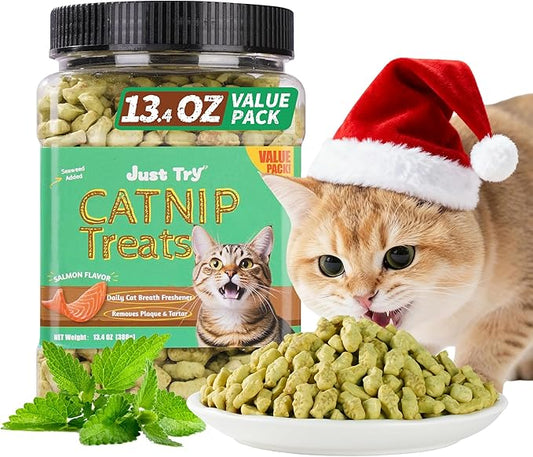 Just Try 13.4 OZ Crunchy Cat Treats Catnip Treats for Cats with Digestive Support, Natural Ingredients Kitten Treats with Real Salmon, Healthy Feline Snacks Training Biscuits Dental Care