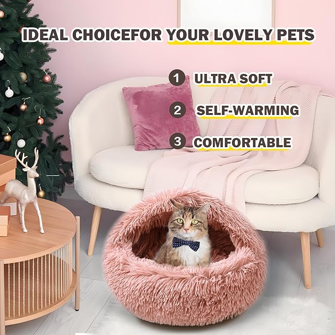 Cat Bed for Indoor Cats, Calming Cozy Cave with Self-Warming Plush, Entire Bed Machine Washable & Anti-Slip Base, Breathable Pet Bed for Small Cats&Dogs All Seasons (Leather Pink, 24*24inch)