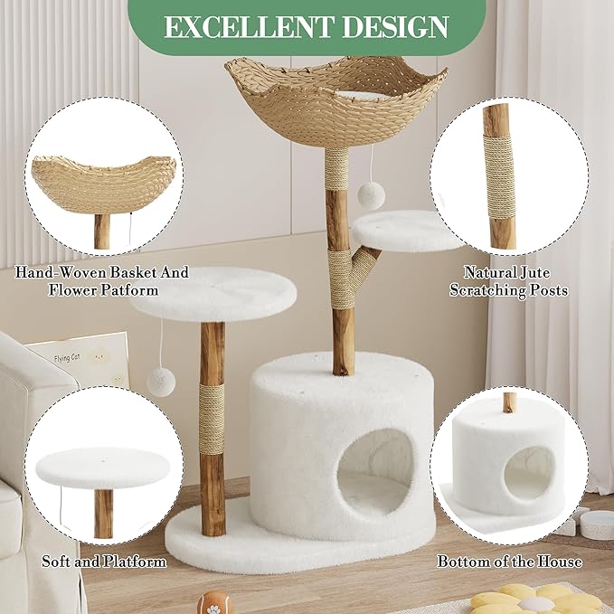 46" Large Modern Cat Tree, Wooden Cat Tower with Scratching Posts, Platforms, Spacious Wicker Basket, Pom Pom Balls and Wood Branch, Luxury Condo for Kittens