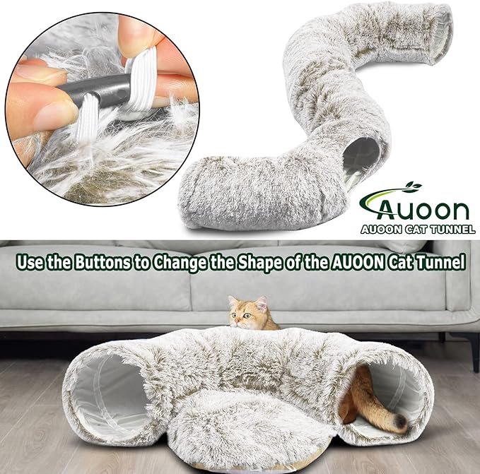 AUOON Cat Tunnel Bed - Christmas Tree Cat Tunnel, Cat Donut Tunnel with Soft Plush Circle Cushion for Indoor Cats Kitten Kitty Puppy Rabbit Ferret (Khaki)