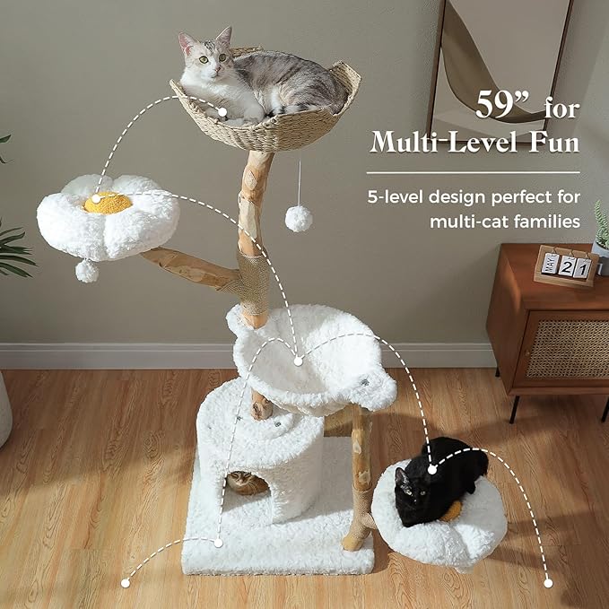 PAWZ Road Cat Tree for Indoor Cats Large Adults, 59 Inches Modern Cat Tower with Large Basket and Hammock, Natural Solid Wood, Luxury Condo & Dual Perches, Modern Cat Furniture for Big Cats, White