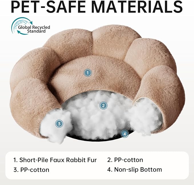 OhGeni 24 inches Calming Donut Dog & Cat Bed for Small Pets, Warming Comfort Fluffy Short Pile Fur, Durable Machine Washable Round Bed, Cute Round Bed for Puppy and Kitten, Camel