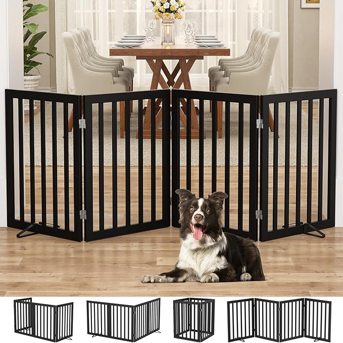 Homykic Bamboo Freestanding Dog Gate, No Assembly Pet Gate Indoor, 24”H x 75”W Extra Wide Foldable Puppy Barrier Fence with Support Feet for The House, Doorways Stairs, 4 Panels, No Drilling, Black