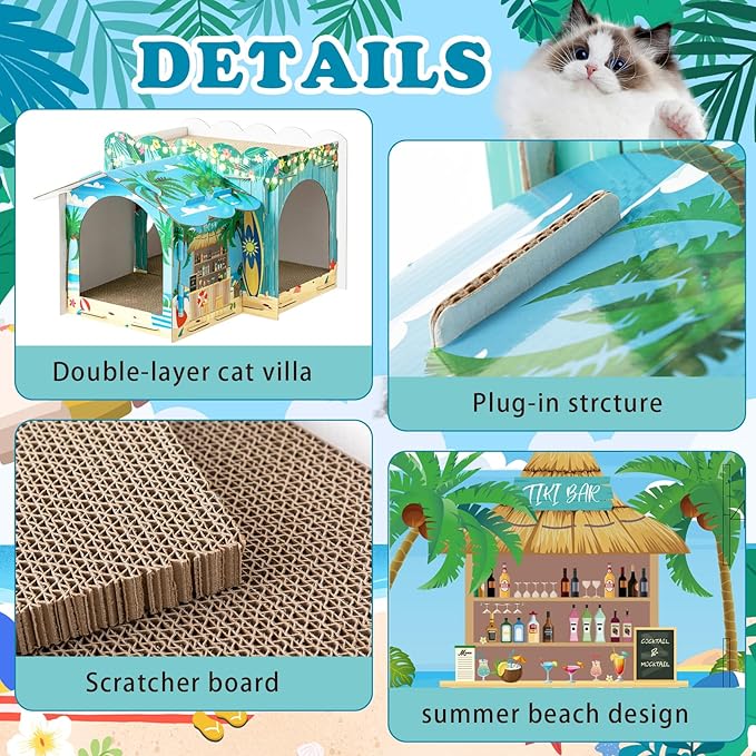 2 Story Cardboard Cat House with Scratcher Pad for Small Kitten,17x12x10 Multi Level Durable Cat Condo & Villa for Bunny Rabbit Small Animals Christmas Birthday Gift(Hawaii)