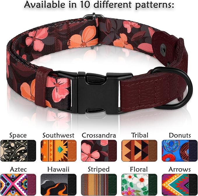 AirTag Dog Collar with Metal Buckle - Printed Nylon Soft Leather Dog Collar with Apple AirTag Holder - Secure Tracking GPS Pet Collars for Girl Boy Small Large Dogs (S, 12"-15" Neck Fit, Crossandra)