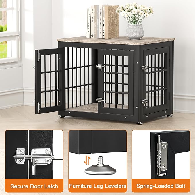 26 Inch Heavy Duty Dog Crate Furniture for Small Dogs, Decorative Pet House End Table, Wooden Cage Kennel Furniture Indoor with Double Doors, Grey