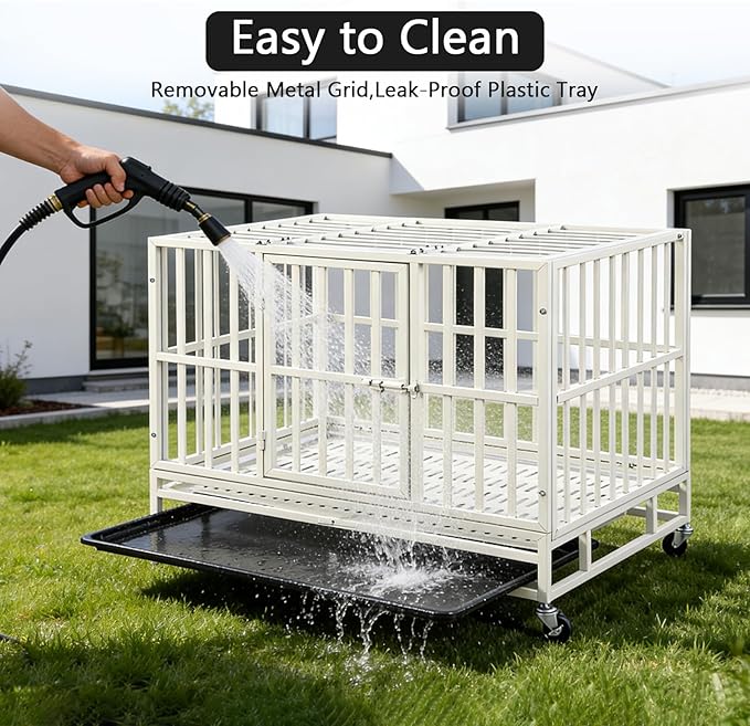 Escape-Proof Heavy Duty 38" Dog Crate, Indestructible Steel Kennel for Large & High-Anxiety Dogs with with Removable Tray, Double Door Design with 4 Wheels and Reinforced Baseplate