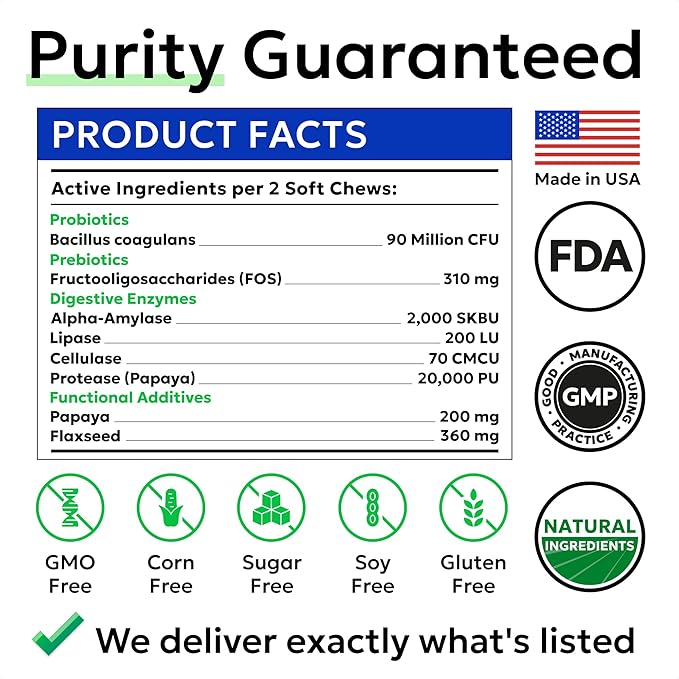 BARK&SPARK Dog Probiotics for Digestive Health w/Enzymes & Fiber - Diarrhea Gas Treatment Upset Stomach Relief - Allergy & Itchy Skin - Pet Probiotics for Dogs - (120Ct, Bacon)