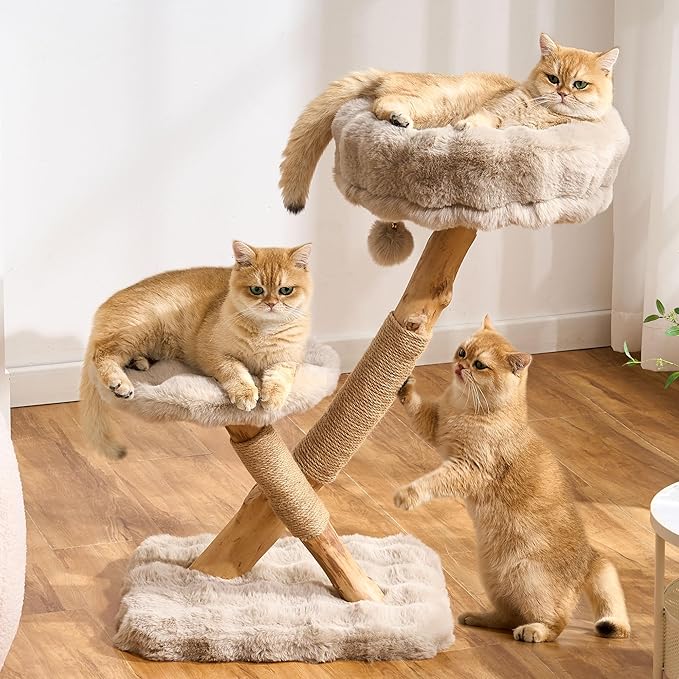 Cat Tree Modern Sturdy Solid Wood Cat Tower for Large Cat with Scratching Post for Indoor, Multifunctional Cat Tower with Cozy Bed and Platforms