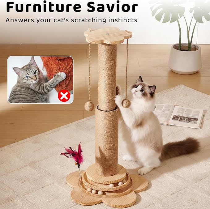 Cat Scratching Post 32" Tall Cat Scratch Post Tree Scratching Posts for Indoor Cats Adults Kitten with Wooden Interactive Ball Toy and Hanging Sisal Ball