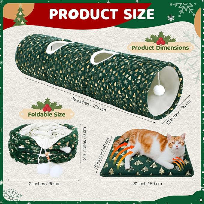 Thyle 2 Pcs Christmas Straight Cat Tunnel with Plush Inside & Self Warming Pet Bed 49 ×12 Inch Green Collapsible Pet Tube for Indoor Cats Include Balls Peek Hole Xmas Tree Snowflakes Self Heating Mat