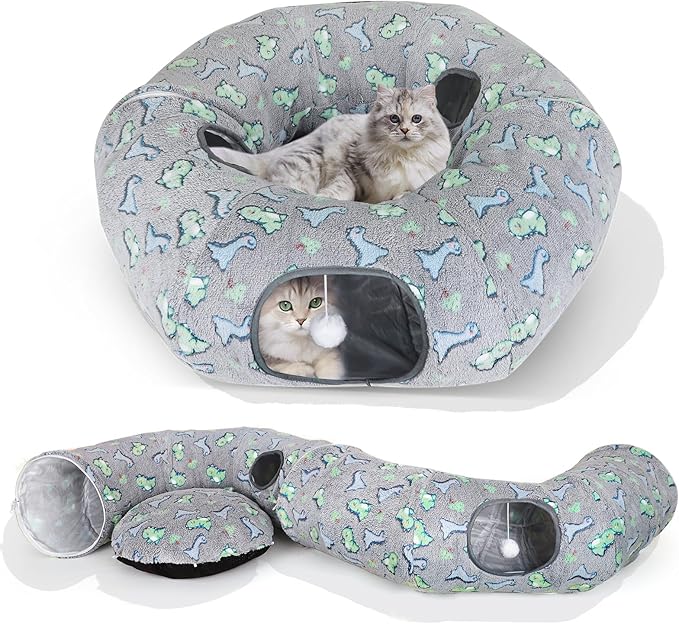 Cat Tunnel Bed, Foldable Cat Donut Tunnel with Removable Cushion & Toy Ball, Stress Relief Fun, Round Pet Play Tunnel for Indoor Cats, Kittens and Small Pets (3D Dinosaur Pattern)