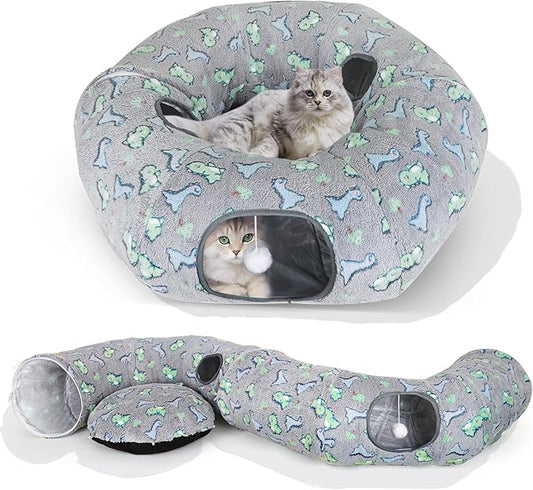 Cat Tunnel Bed, Foldable Cat Donut Tunnel with Removable Cushion & Toy Ball, Stress Relief Fun, Round Pet Play Tunnel for Indoor Cats, Kittens and Small Pets (3D Dinosaur Pattern)