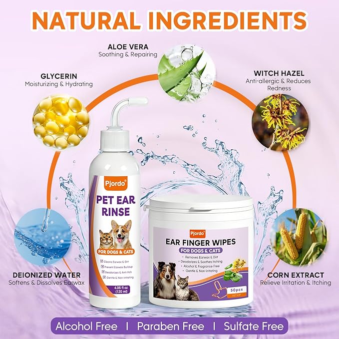 Dog Ear Cleaner Kit - Dog Ear Finger Wipes and Ear Cleaner Solution for Dogs and Cats, Gently Remove Ear Wax & Debris, Soothe Ear Itching, Deodorize, Pet Ear Wash with Aloe Vera & Witch Hazel