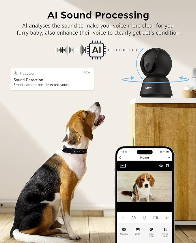 Hugolog 3K 5MP Indoor Pan/Tilt Security Camera with Auto-Focus,Ideal for Baby Monitor/Pet Camera/Home Security,Starlight Color Night Vision,Human/Pet AI,Two-Way Audio,US Cloud,Compatible with Alexa