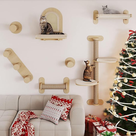 BYBYME 7Pcs Cat Wall Shelves, Solid Wood Indoor Cat Tree, Multi-Levels, Sturdy Wooden Wall Mounted Climbing Frames with Scratching Posts, Kitten Platform and Bed（Natural Wood）