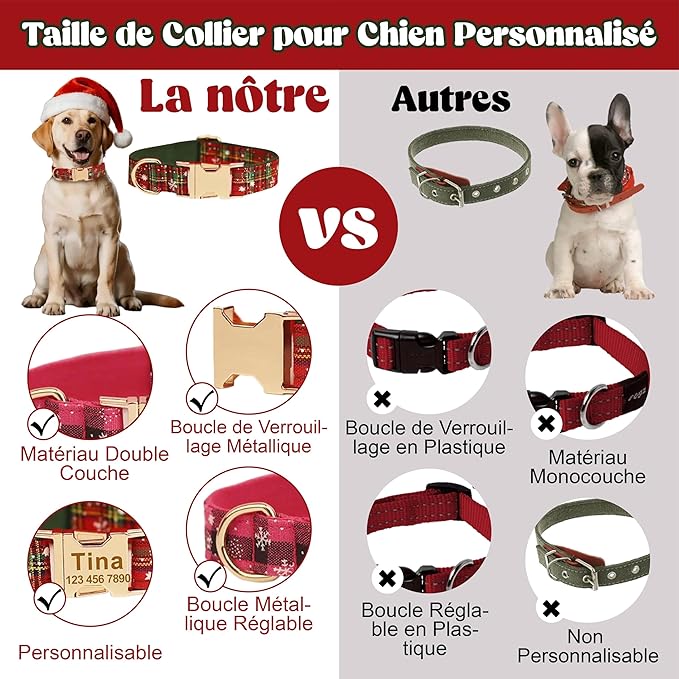 Christmas Personalized Dog Collar with Metal Buckle, Christmas Collar Customized with Name and Phone Number, Adjustable Sizes for Small Dogs, Medium, and Large