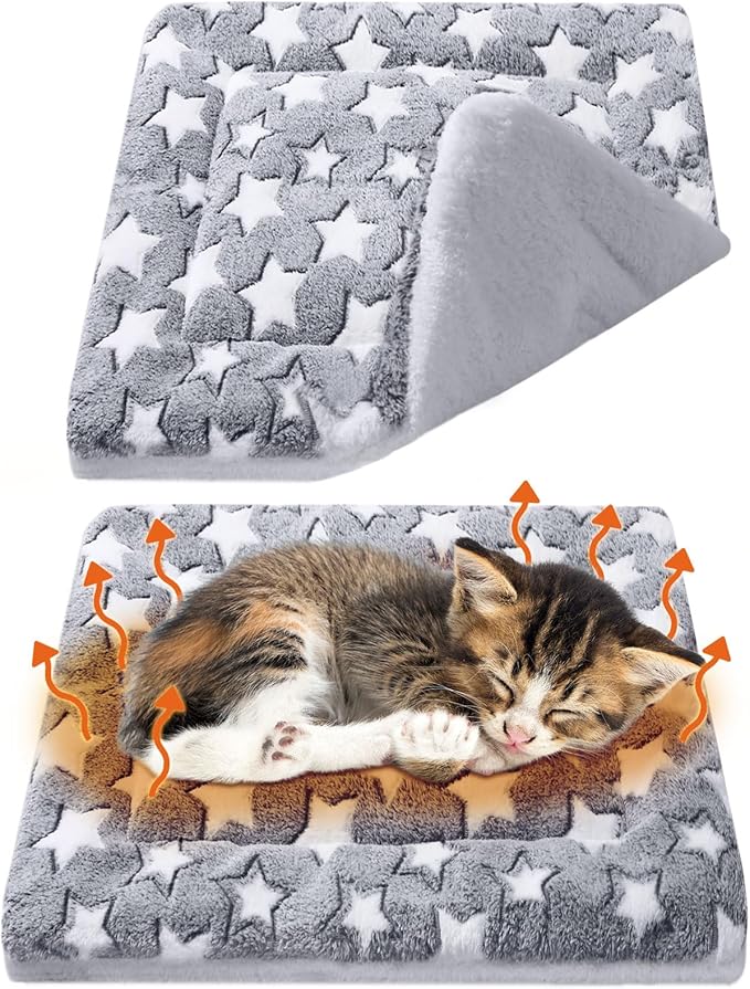 VitalCozy 2 Pack Self Warming Cat Mat Self Heating Pad Bed Reversible Machine Washable Reflects Body Heat Warm Thermal Pet Pad Crate Blanket for Feral and Indoor Cat (Grey,12'' X 12'',Star)