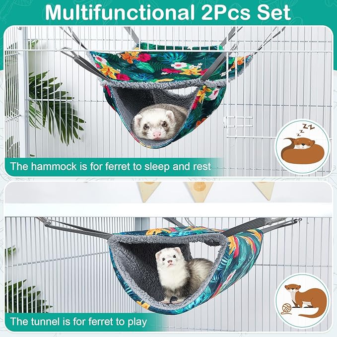 Bienbee 2 Pcs Ferret Rat Hammock Set for Cage Washable Guinea Pig Hideout Bed Soft Small Animal Hammock Tunnel Toys Ferret Cage Accessories for Hedgehog Sugar Glider Squirrel Hamster